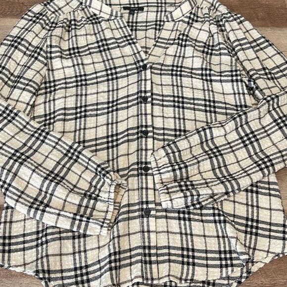 Drew Womens Jalen Plaid Button Front Viscose Blend Long Sleeve Top Black Cream M - Picture 7 of 12